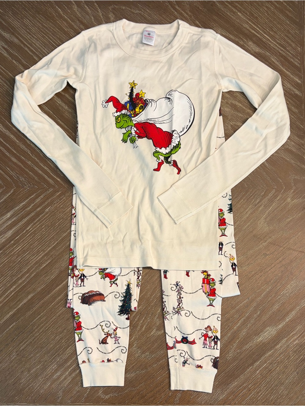 Hannah Anderson Kids Cream Christmas Grinch Pajama Set - Long Sleeve Top & Pants